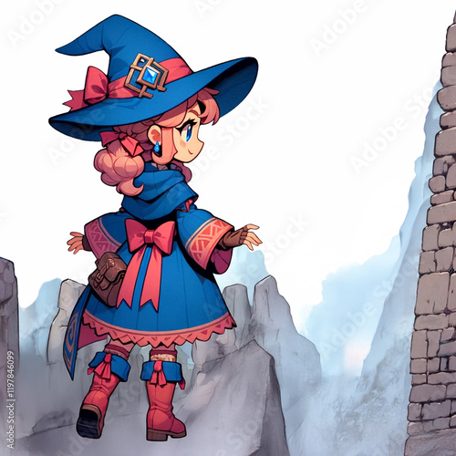 Young witch in blue hat and cloak with pink bows standing near ruins and misty cliffs. Fantasy character illustration in cartoon style. Magic and adventure concept for design and print