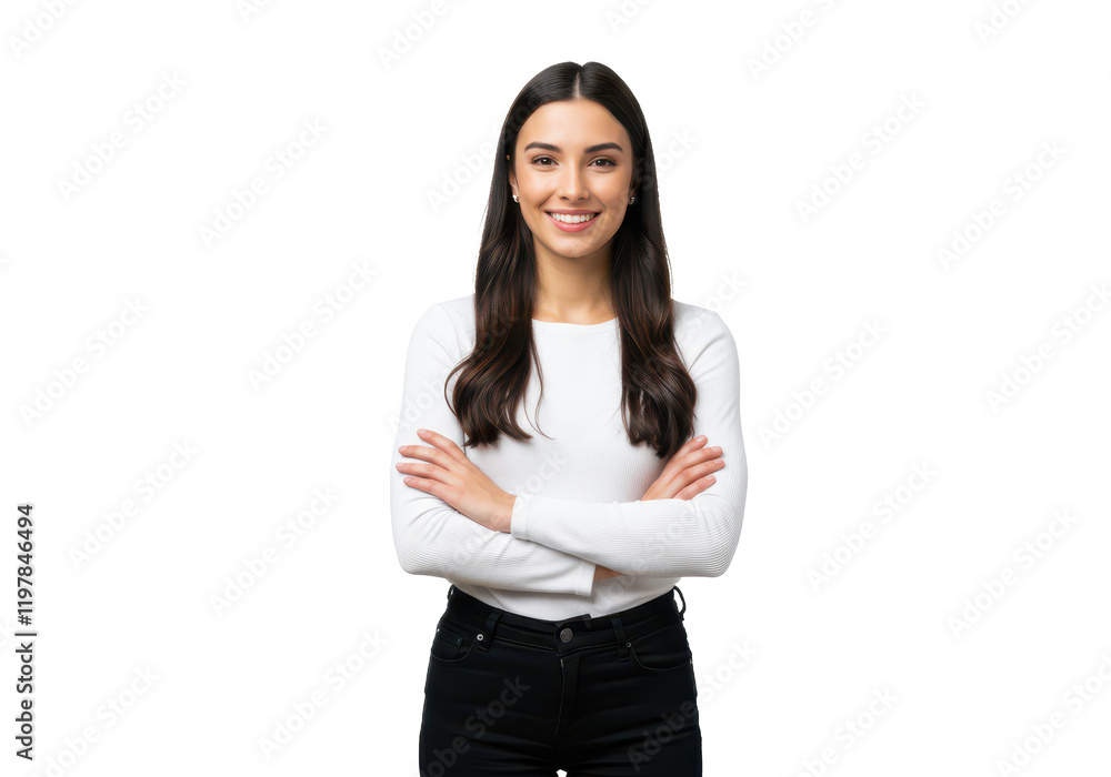 A cheerful young woman with long dark hair, wearing a white shirt and black pants, standing with arms crossed and smiling isolated on transparent background A cheerful young woman with long dark hair, wearing a white shirt and black pants, standing with arms crossed and smiling isolated on transparent background