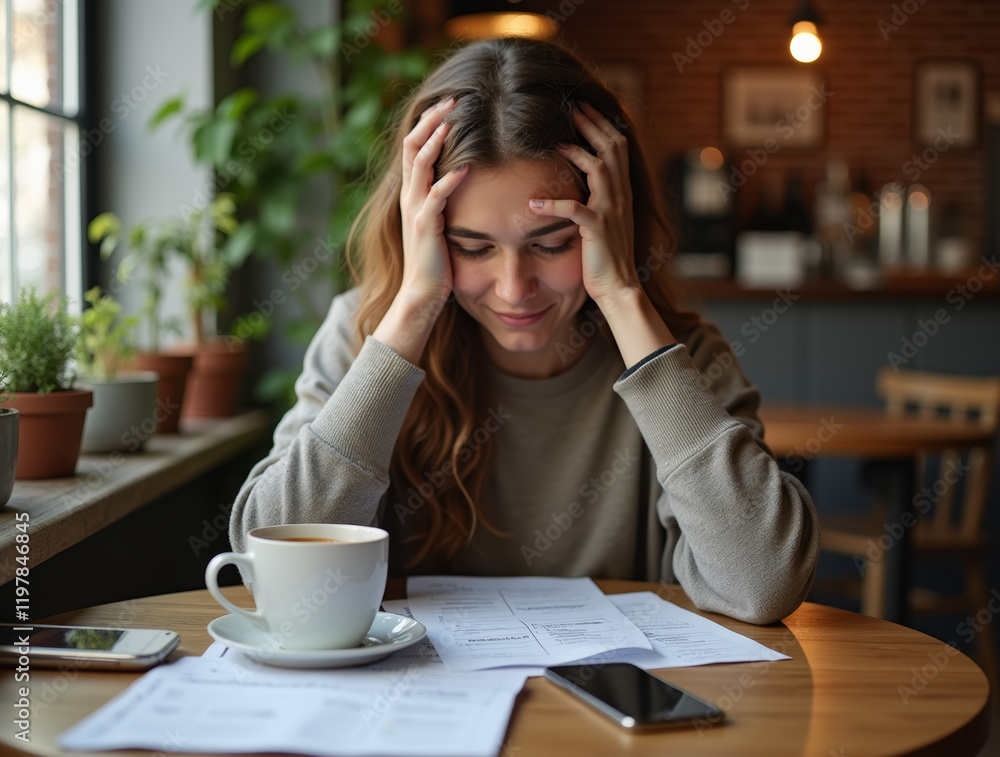 Stressed young woman working with papers and coffee at rustic cafe Stressed young woman working with papers and coffee at rustic cafe
