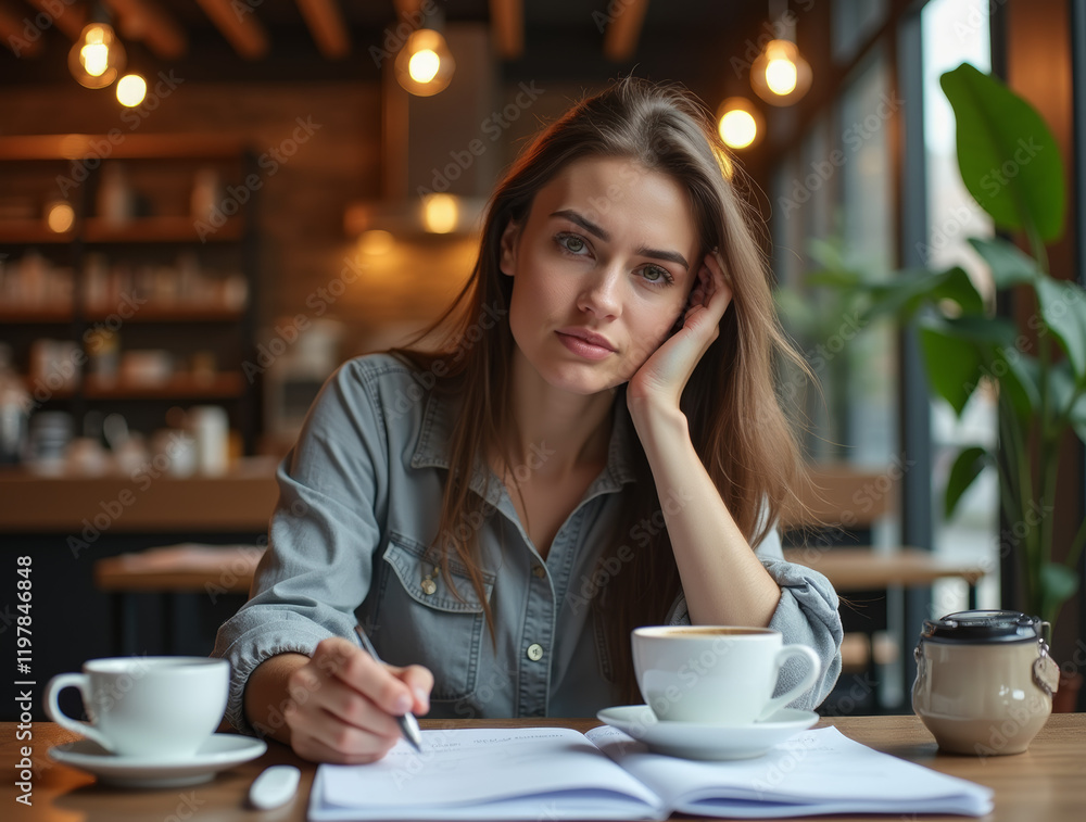 Stressed young woman working with papers and coffee at rustic cafe Stressed young woman working with papers and coffee at rustic cafe
