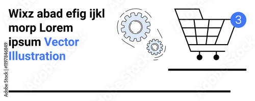 Shopping cart with a notification bubble indicating three items, two gear icons, and text placeholders. Ideal for e-commerce, web design, online stores, shopping, notifications, and technology