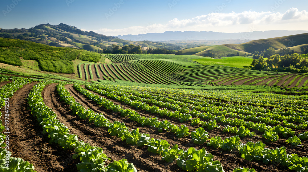 Scenic View of a Green Hillside with Vibrant Terraced Farming of Potatoes and Onions Under a Clear Blue Sky Scenic View of a Green Hillside with Vibrant Terraced Farming of Potatoes and Onions Under a Clear Blue Sky