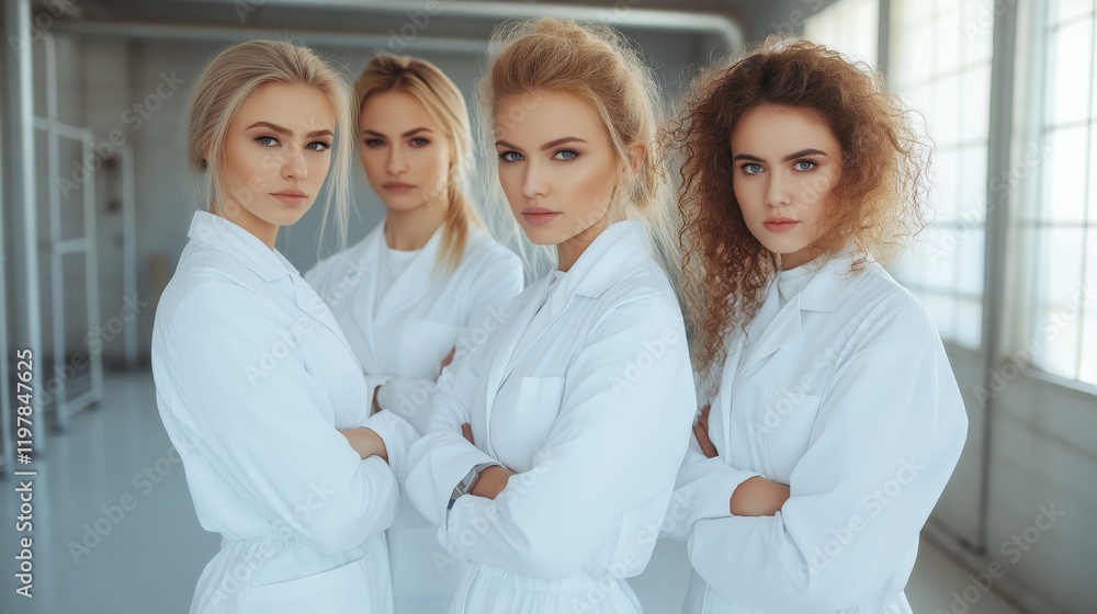 A diverse group of four women in white lab coats, standing confidently with arms crossed in a well-lit indoor space A diverse group of four women in white lab coats, standing confidently with arms crossed in a well-lit indoor space