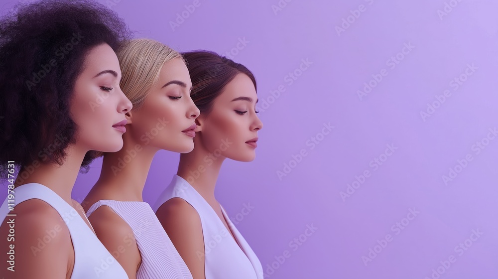 Three women of different ages and ethnicities pose side by side against a soft purple background, embodying unity and celebration Three women of different ages and ethnicities pose side by side against a soft purple background, embodying unity and celebration