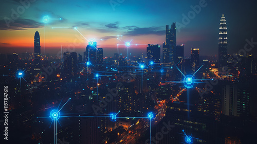 Abstract business man stands on the peak of success amid tall, innovative Smart city and graphs with statistics to analyze business potential and predict future developments in company growth.