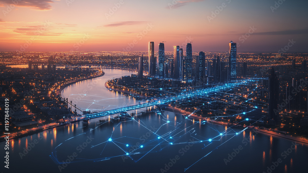 Fototapeta premium Abstract business man stands on the peak of success amid tall, innovative Smart city and graphs with statistics to analyze business potential and predict future developments in company growth.