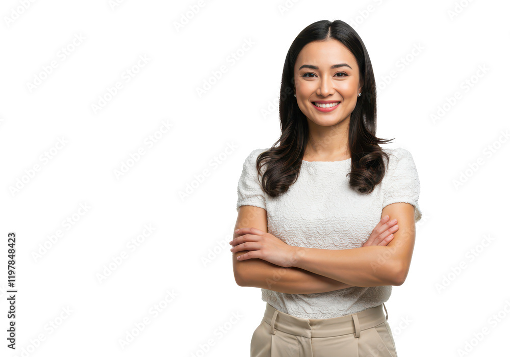 A professional woman with long dark hair, wearing a white textured top and beige trousers, standing with arms crossed isolated on transparent background A professional woman with long dark hair, wearing a white textured top and beige trousers, standing with arms crossed isolated on transparent background