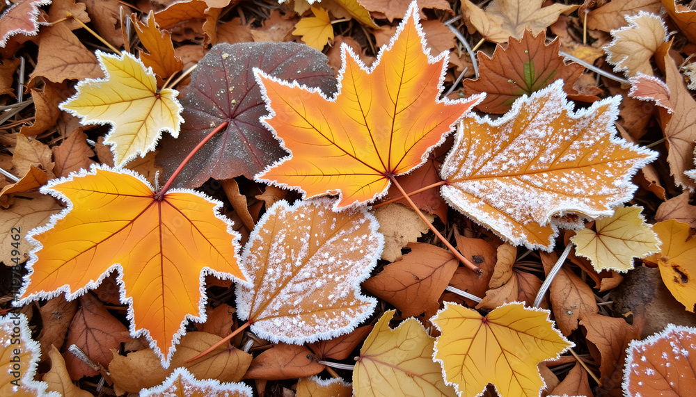 Frosted autumn leaves on brown ground Frosted autumn leaves on brown ground