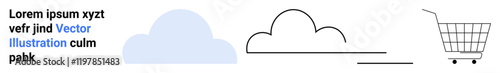 Cloud shapes transitioning into a shopping cart, representing online commerce. Ideal for e-commerce, technology, innovation, cloud services, marketing, digital business, web applications. Banner