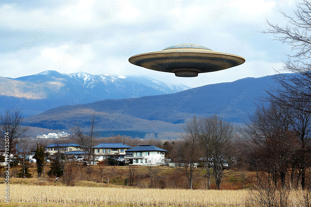 A mysterious photograph of an alien flying saucer hovering over fields and houses, blending surrealism and intrigue with dramatic lighting and eerie shadows to evoke a sense of wonder and suspense. A mysterious photograph of an alien flying saucer hovering over fields and houses, blending surrealism and intrigue with dramatic lighting and eerie shadows to evoke a sense of wonder and suspense.