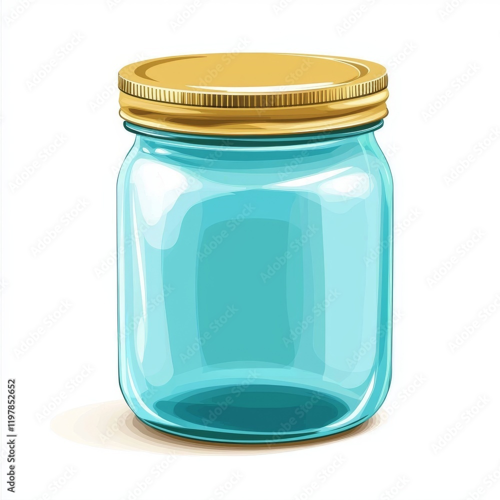 A modern flat-style depiction of an empty glass jar with a gold-colored lid. A modern flat-style depiction of an empty glass jar with a gold-colored lid.