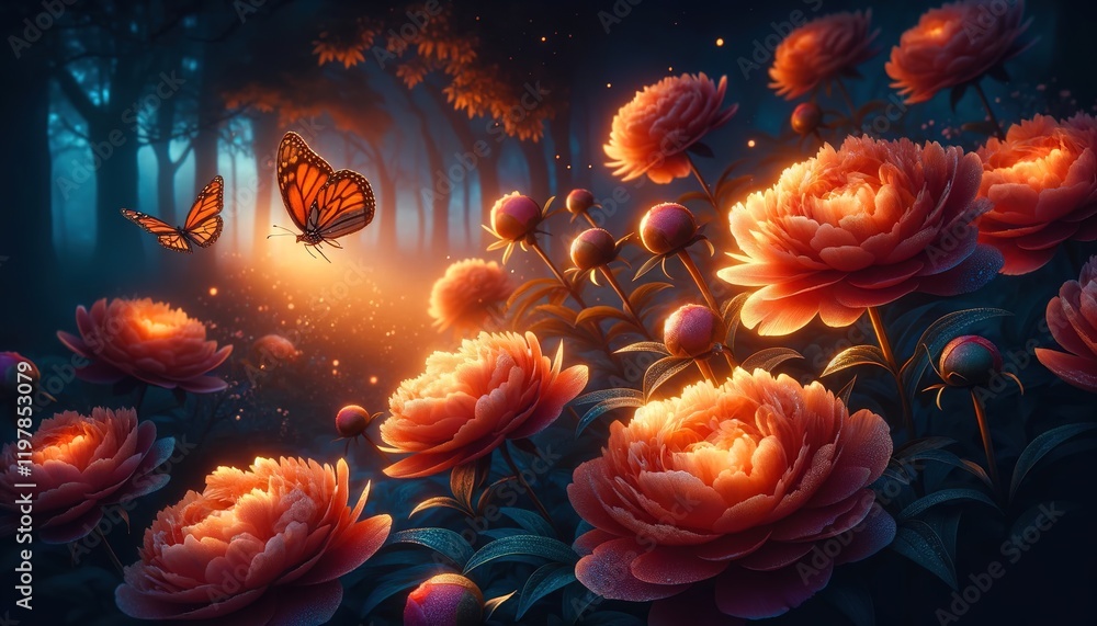 magical fantasy garden with red peonies that glow at night magical fantasy garden with red peonies that glow at night