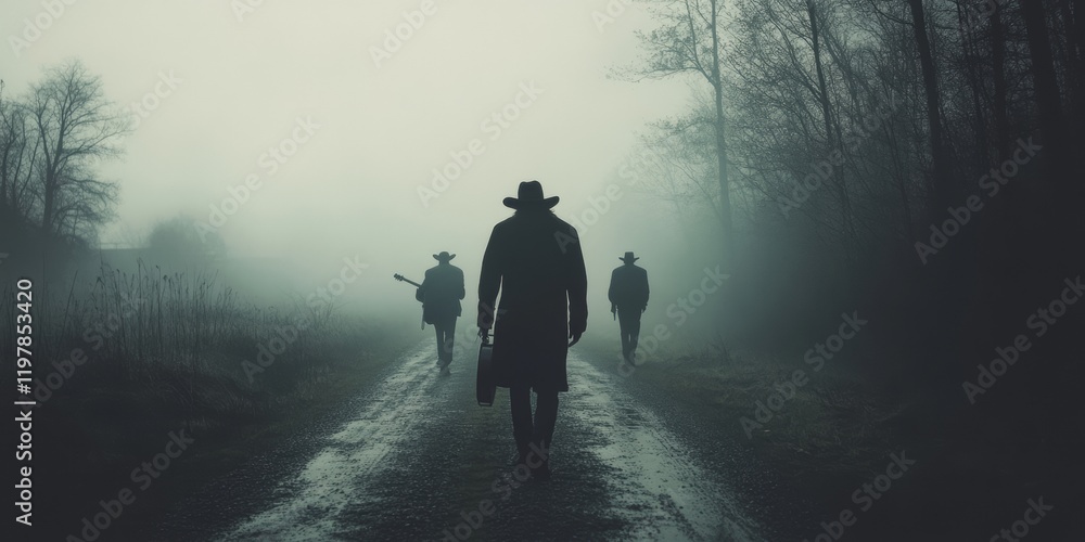 Lone figure walking under a full moon in mist Lone figure walking under a full moon in mist
