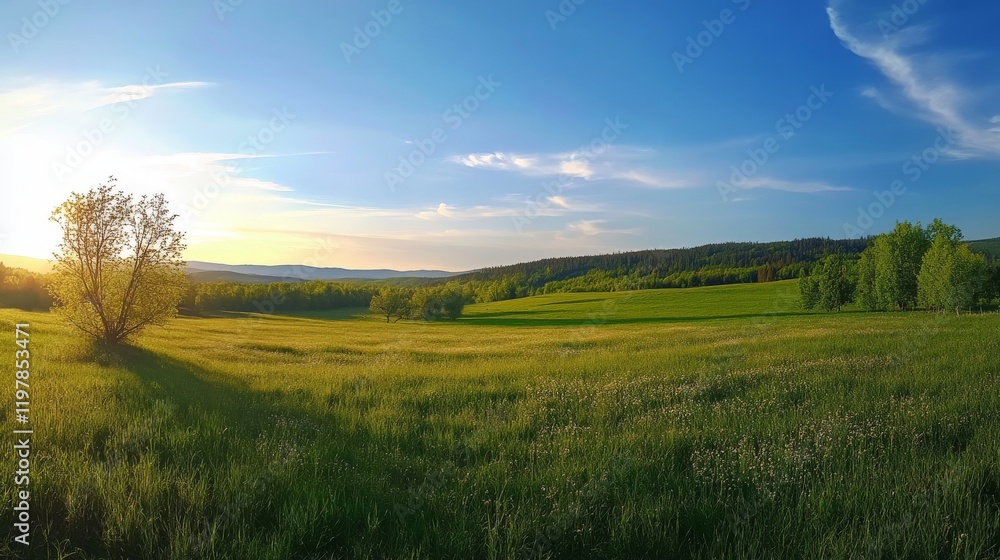 Serene sunset over lush green field with distant forest and clear sky Serene sunset over lush green field with distant forest and clear sky