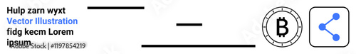 Horizontal lines of varying lengths, Bitcoin symbol in a circle, and a square icon with a connected nodes symbol. Ideal for finance, cryptocurrency, online sharing, simplicity, minimalism, digital