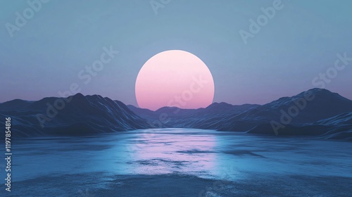 A mysterious twilight landscape with a glowing full moon casting light across still waters surrounded by shadowy mountains, creating an enigmatic atmosphere. photo