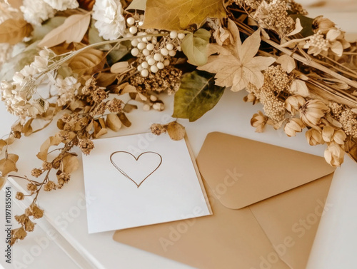 a postcard on which a heart is drawn by hand lies on a white table, top view In style of minimalist stock photo photo