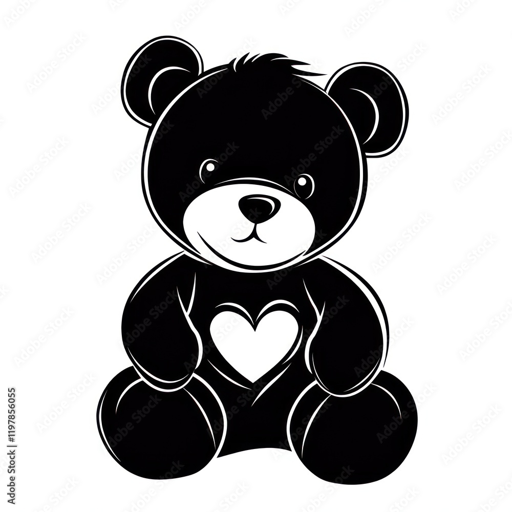 Black bear with a heart on its chest, sitting. Cute vector art for children's use Black bear with a heart on its chest, sitting. Cute vector art for children's use