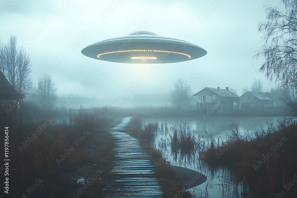 a photograph depicting an alien flying saucer hovering over fields and houses, combining surrealism and mystery with dramatic lighting and shadows
a photograph depicting an alien flying saucer hovering over fields and houses, combining surrealism and mystery with dramatic lighting and shadows