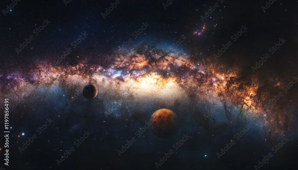 Obraz premium Majestic Milky Way Galaxy with Two Planets in the Vast Cosmic Expanse