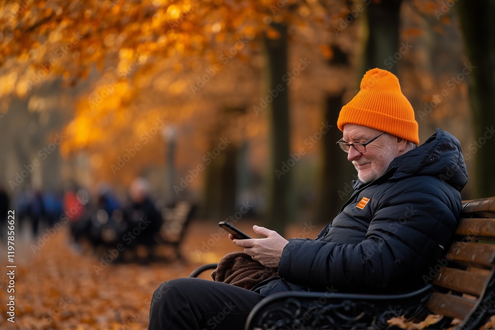 An older man in a bright orange beanie and black jacket sits comfortably on a park bench, smiling as he interacts with his smartphone. An older man in a bright orange beanie and black jacket sits comfortably on a park bench, smiling as he interacts with his smartphone.