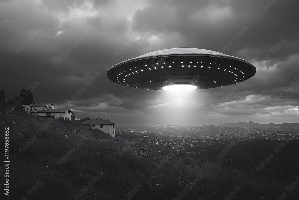 a photograph depicting an alien flying saucer hovering over fields and houses, combining surrealism and mystery with dramatic lighting and shadows
a photograph depicting an alien flying saucer hovering over fields and houses, combining surrealism and mystery with dramatic lighting and shadows