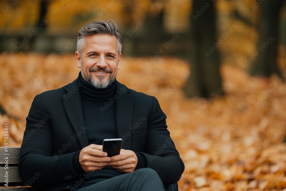 A confident man dressed in an elegant black turtleneck and blazer sits on a park bench, smiling warmly while holding a smartphone.