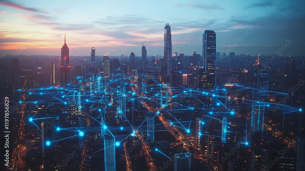 Fototapeta premium Abstract business man stands on the peak of success amid tall, innovative Smart city and graphs with statistics to analyze business potential and predict future developments in company growth.