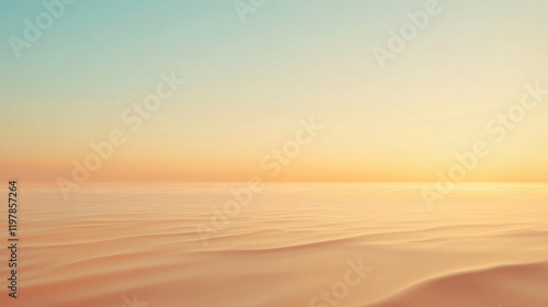 An immense desert stretches endlessly, its texture gently flowing under the golden light of dawn, portraying tranquility and the beauty of untouched nature. photo