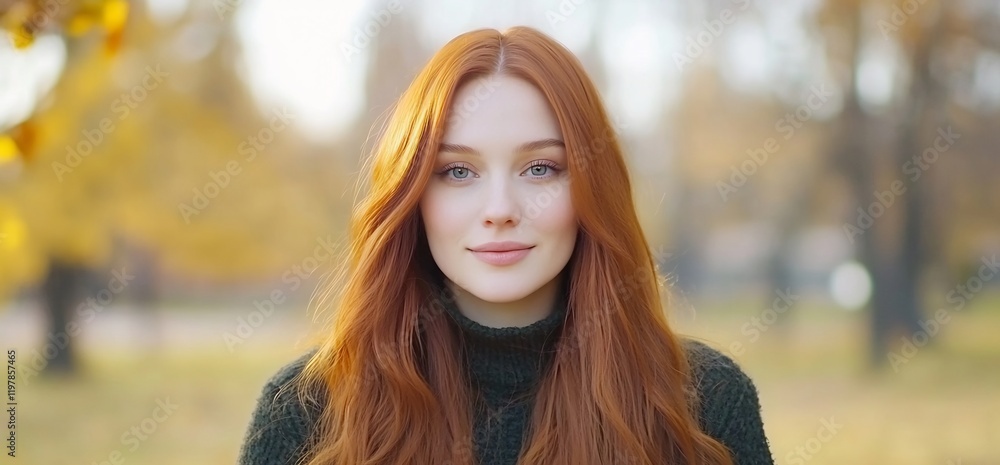 Redhead woman autumn park portrait. Background blur Redhead woman autumn park portrait. Background blur