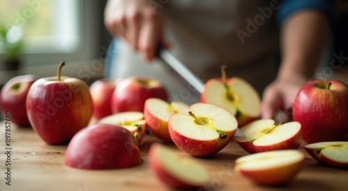 Someone cutting apples with a knife on a wooden table