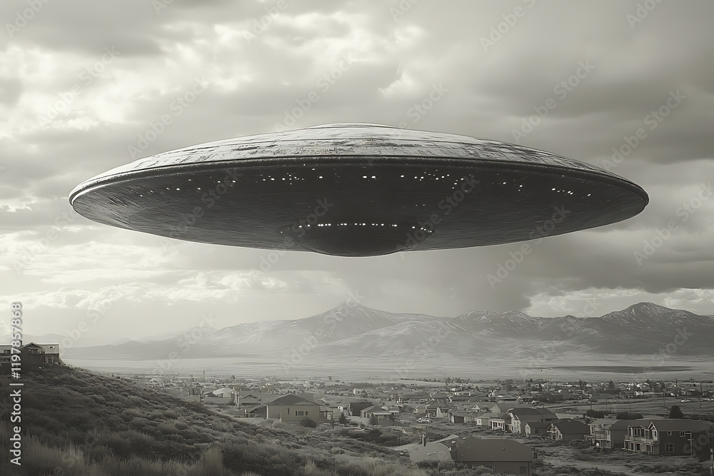 Fototapeta premium a photograph depicting an alien flying saucer hovering over fields and houses, combining surrealism and mystery with dramatic lighting and shadows