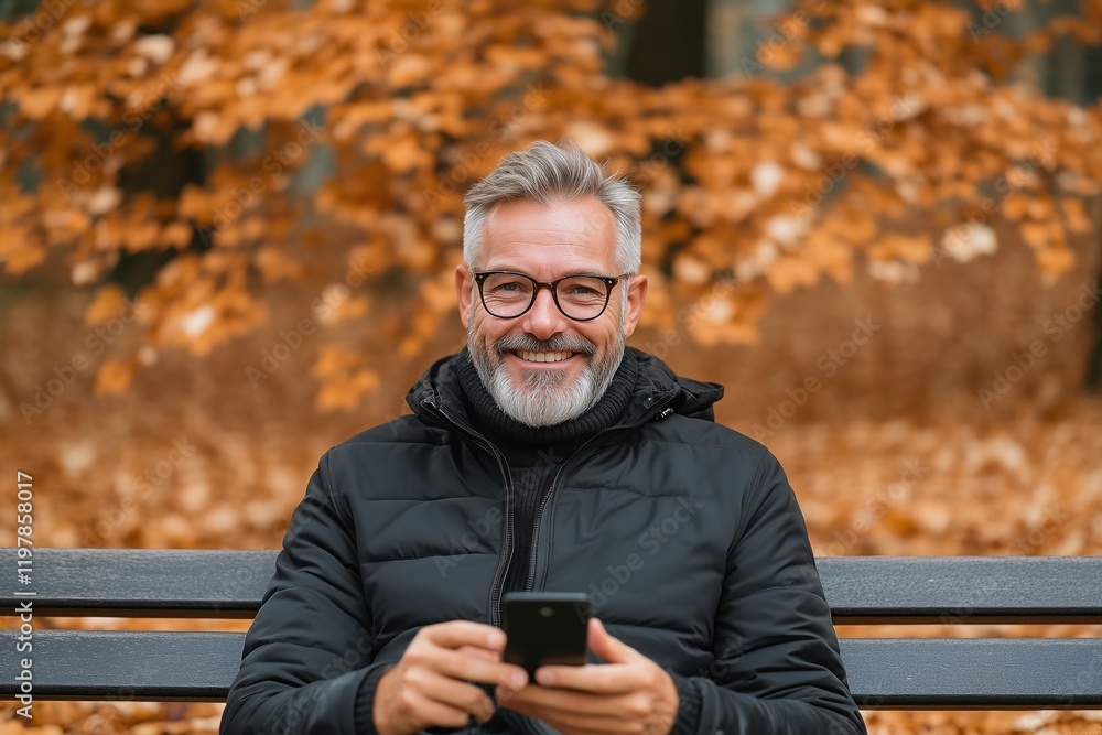 A cheerful middle-aged man with gray hair and glasses sits on a park bench holding a smartphone. A cheerful middle-aged man with gray hair and glasses sits on a park bench holding a smartphone.