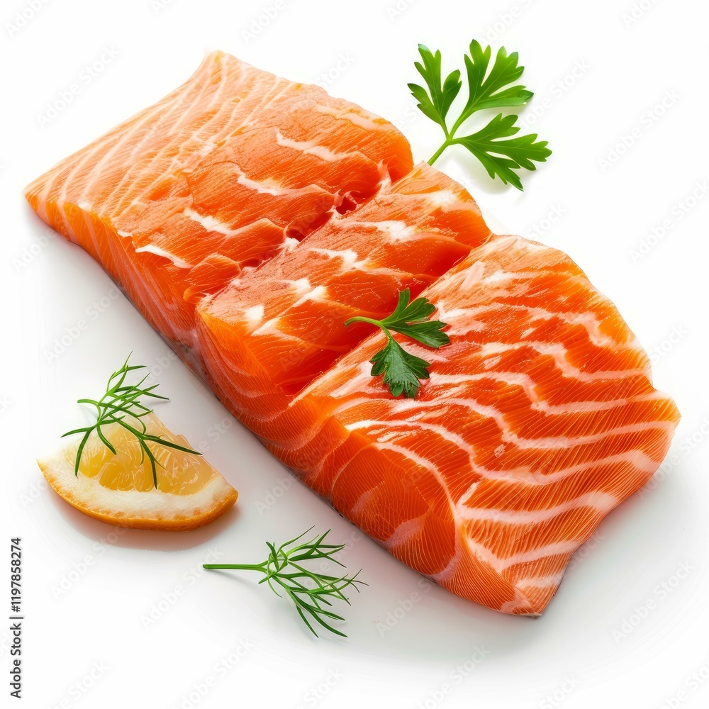 Raw salmon fillet garnished with fresh parsley and dill, accompanied by a slice of lemon, creating an appetizing seafood presentation Raw salmon fillet garnished with fresh parsley and dill, accompanied by a slice of lemon, creating an appetizing seafood presentation