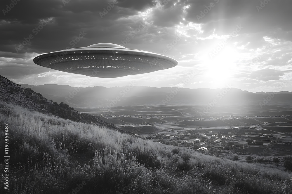 a photograph depicting an alien flying saucer hovering over fields and houses, combining surrealism and mystery with dramatic lighting and shadows
a photograph depicting an alien flying saucer hovering over fields and houses, combining surrealism and mystery with dramatic lighting and shadows