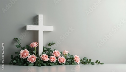 Decorative white cross adorned with pink roses and greenery for Easter celebration
