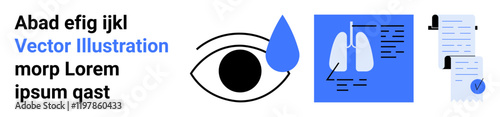 Eye with tear drop, lungs diagram on blue background, and documents suggesting health themes. Ideal for medical blogs, health apps, educational materials, infographics, presentations, websites
