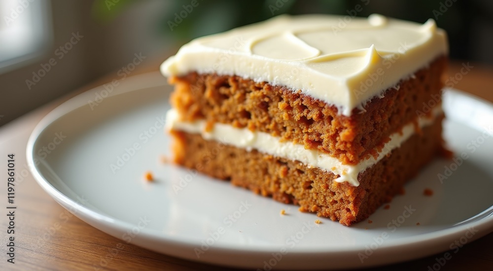 Piece of carrot cake on a plate on a table Piece of carrot cake on a plate on a table