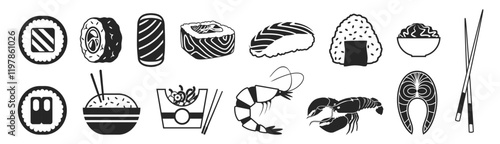 Set of asian food vector icons on transparent background. Sushi, miso soup, wok noodles. Asian traditional food vector illustration