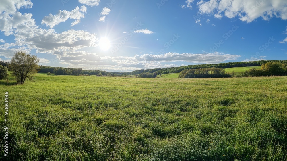 Sunny countryside landscape with green fields and blue sky Sunny countryside landscape with green fields and blue sky