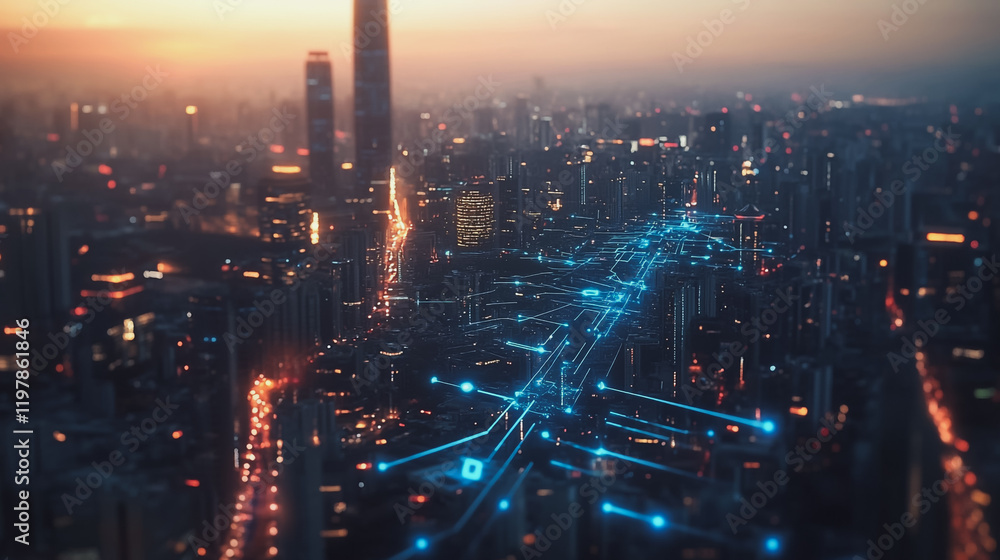 Fototapeta premium Abstract business man stands on the peak of success amid tall, innovative Smart city and graphs with statistics to analyze business potential and predict future developments in company growth.