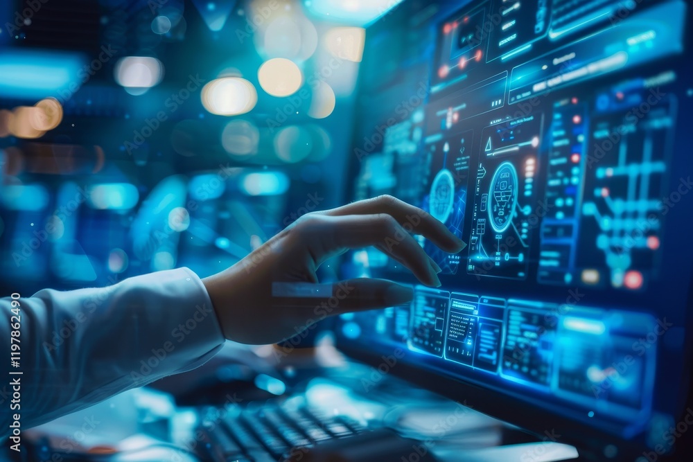A hand interacts with a futuristic interface displaying data and graphics. A hand interacts with a futuristic interface displaying data and graphics.