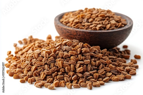 Fenugreek seeds spread evenly, with a soft yellowish-brown tone, creating an organic and balanced texture. photo