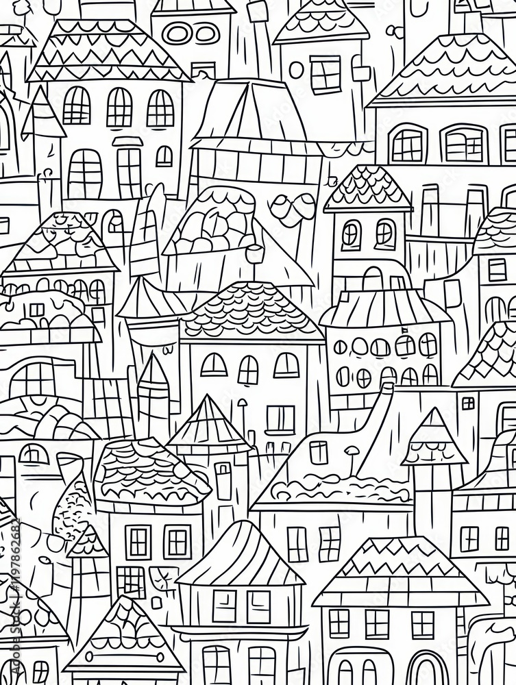 Hand drawn whimsical village seamless pattern with houses for coloring pages or design. Coloring book Hand drawn whimsical village seamless pattern with houses for coloring pages or design. Coloring book