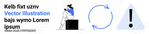 Person sitting and reading phone, recycling arrows, exclamation mark inside triangle. Ideal for technology, warnings, updates, notifications, reminders caution reading habits. Landing page photo