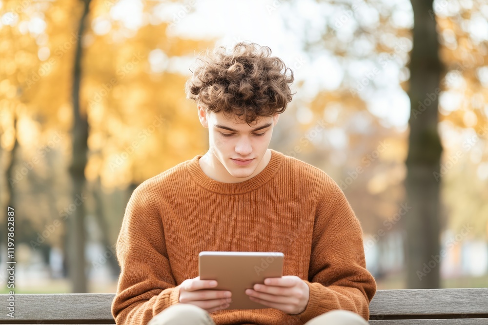 A young man with curly hair wearing a warm brown sweater is seated on a park bench, focused on his tablet. A young man with curly hair wearing a warm brown sweater is seated on a park bench, focused on his tablet.