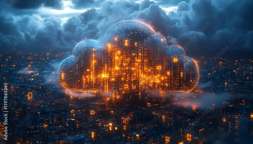 Obraz premium An abstract representation of a cloud-shaped data fortress, constructed from glowing digital locks, encrypted symbols, Cloud Data Fortress