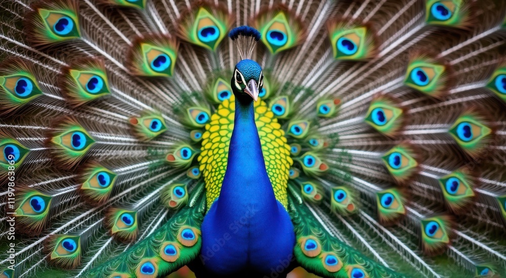 Fototapeta premium Peacock with its feathers spread out and feathers spread out