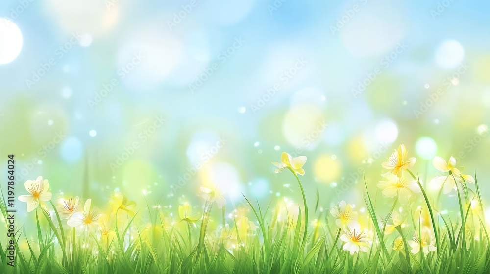 Sunny meadow with blooming flowers and sparkling bokeh in springtime Sunny meadow with blooming flowers and sparkling bokeh in springtime