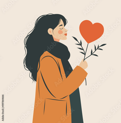 Happy Valentine's Day. Vector illustration in soft pastel colors. Girl holds a twig heart in her hands. For love sites, dating apps, posters, banner